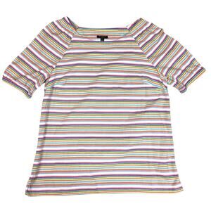 Talbots Top Rainbow Stripe Short Sleeve Womens M Petite Multi-Color Cotton Shirt